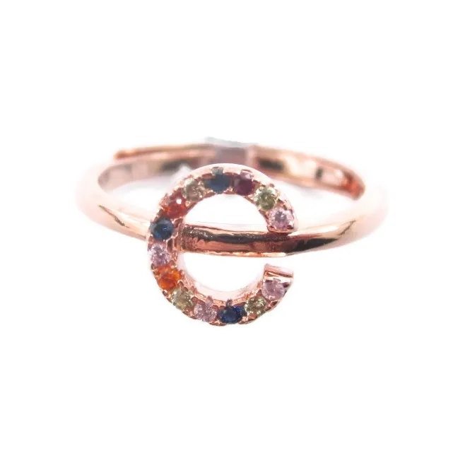 Anello iniziale lettera C in argento 925 placcato oro rosa e zirconi multi color misura regolabile