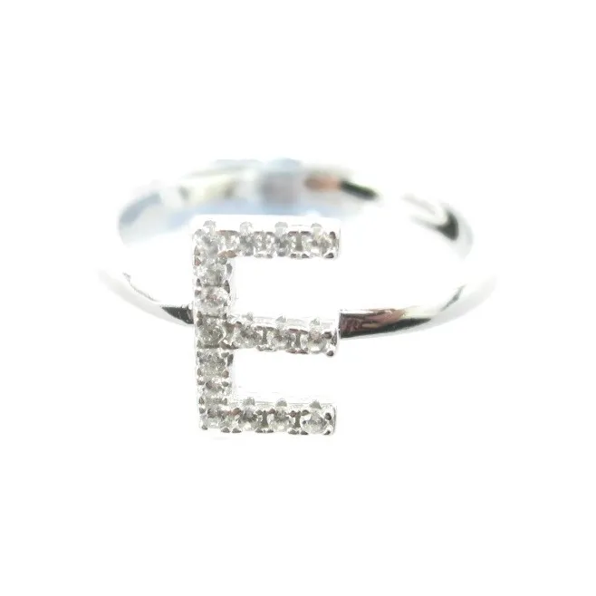 Anello iniziale lettera E in argento 925 rodiato e zirconi bianchi misura regolabile