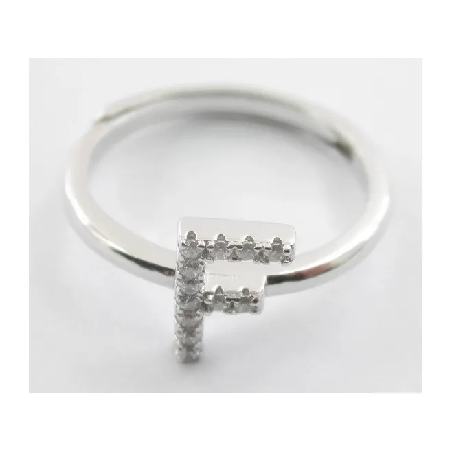 Anello iniziale lettera F in argento 925 rodiato e zirconi bianchi misura regolabile