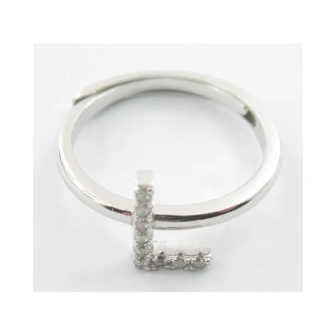 Anello iniziale lettera L in argento 925 rodiato e zirconi bianchi misura regolabile