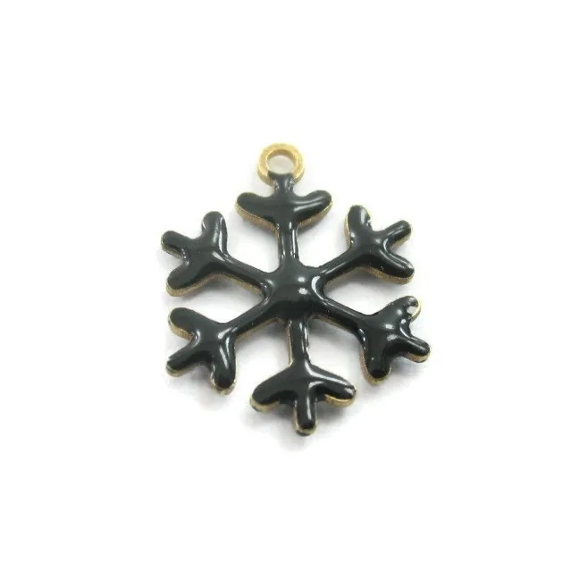 Charms fiocco di neve smalto nero in argento 925 placcato oro giallo  13,5x12 mm
