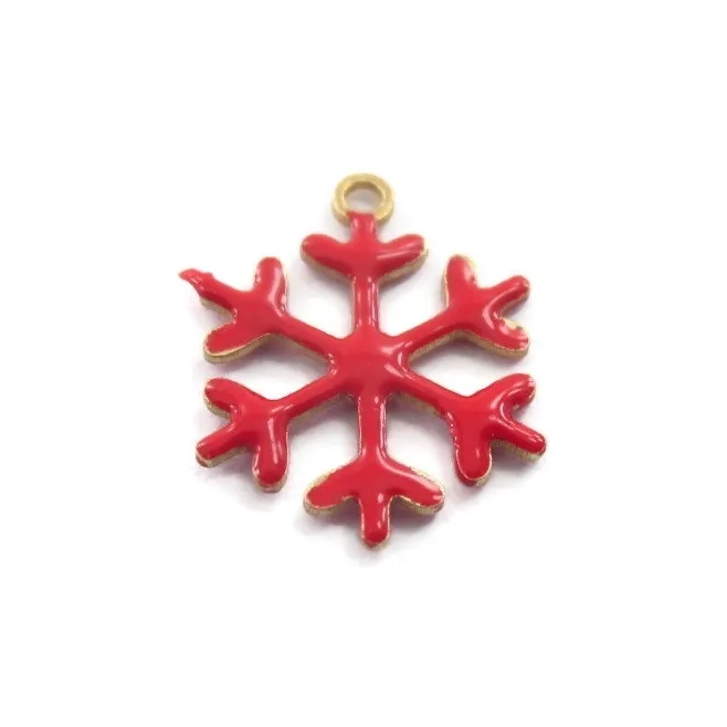 Charms fiocco di neve smalto rosso in argento 925 placcato oro giallo  13,5x12 mm