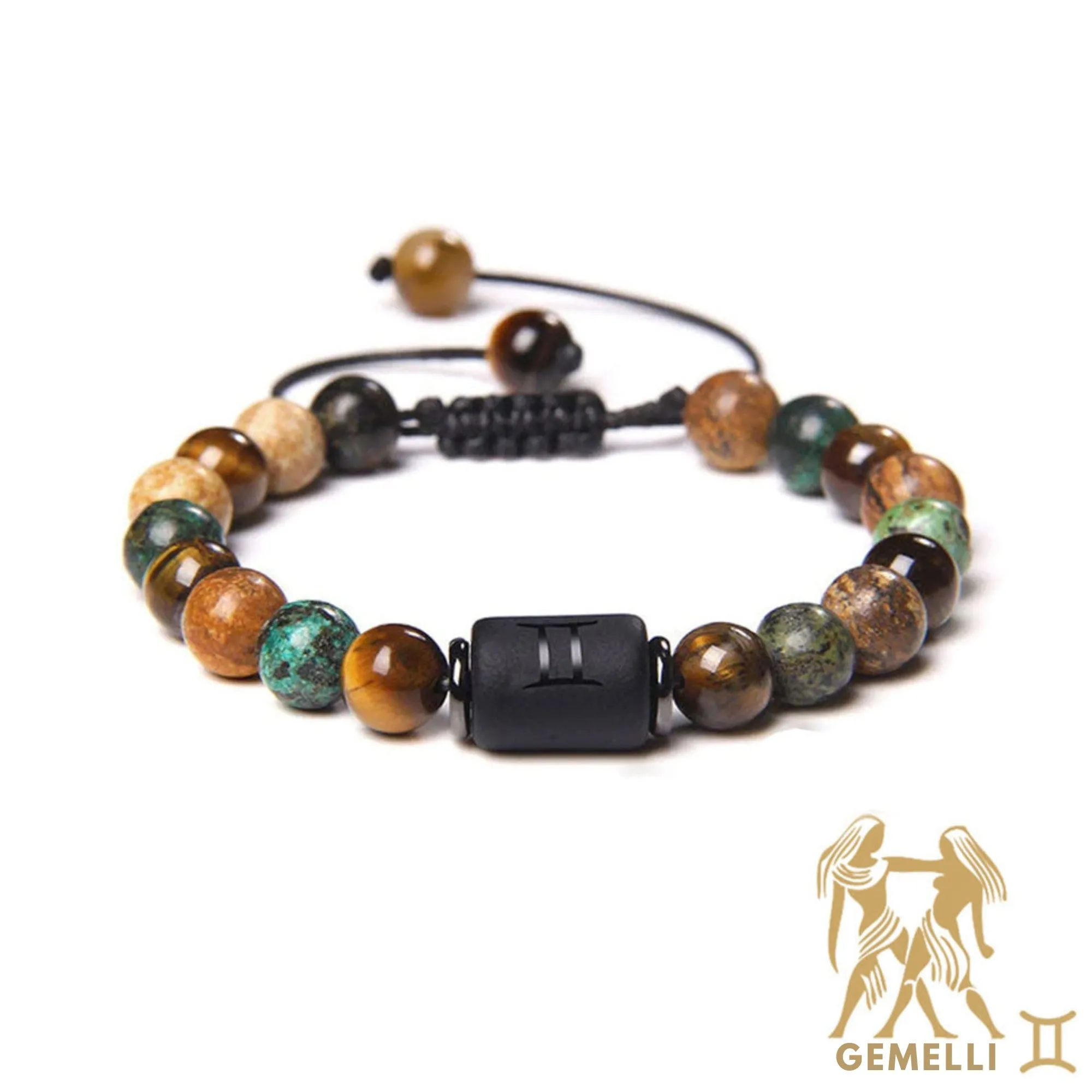 Bracciale Gemelli – Occhio di tigre, turchese, diaspro – Cordoncino re