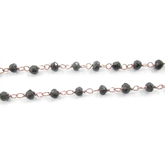 50 cm catena in argento 925 placcato oro rosa e onice nere di 3 mm sfaccettate concatenati tipo rosario