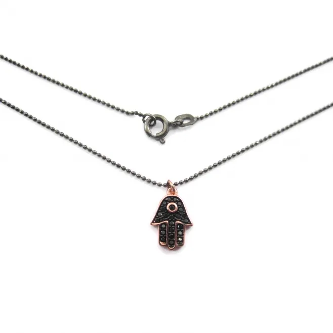 catenina rodiata nero e charms mano di fatima pavè spinello nero argento 925 placcato oro rosè 1 pz.