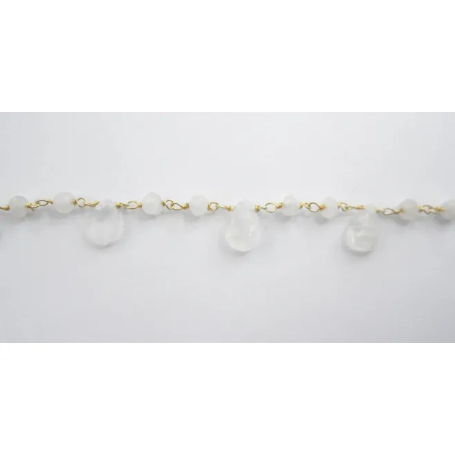 catena rosario argento 925 placcato oro giallo con gocce taglio briolè  di  pietra di luna 50 cm