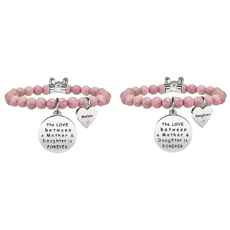 Set di Due Bracciali Kidult Family The Love Between a Mother & Daughter is Forever con Pietre Rosa