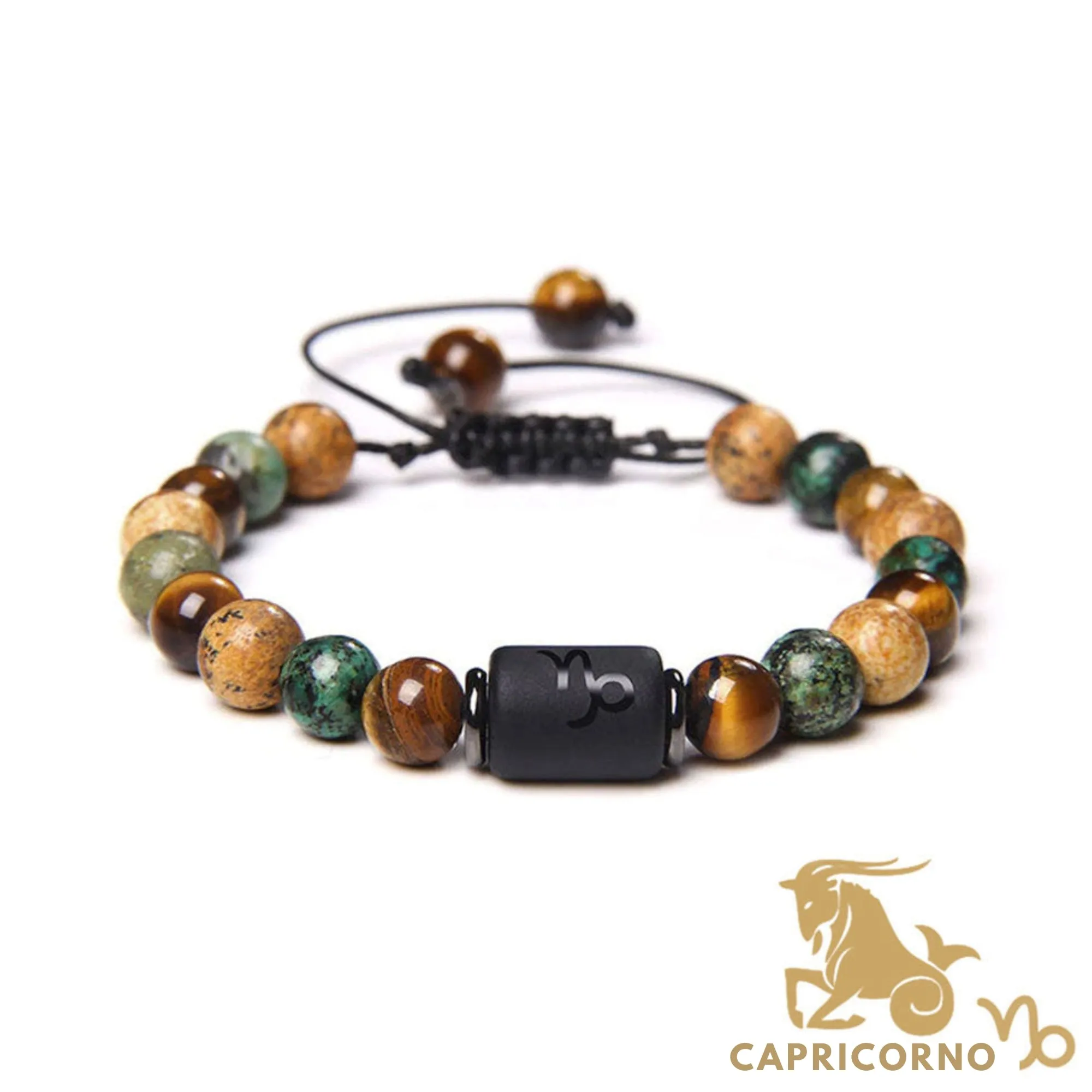 Bracciale Capricorno – Occhio di tigre, turchese, diaspro – Cordoncino