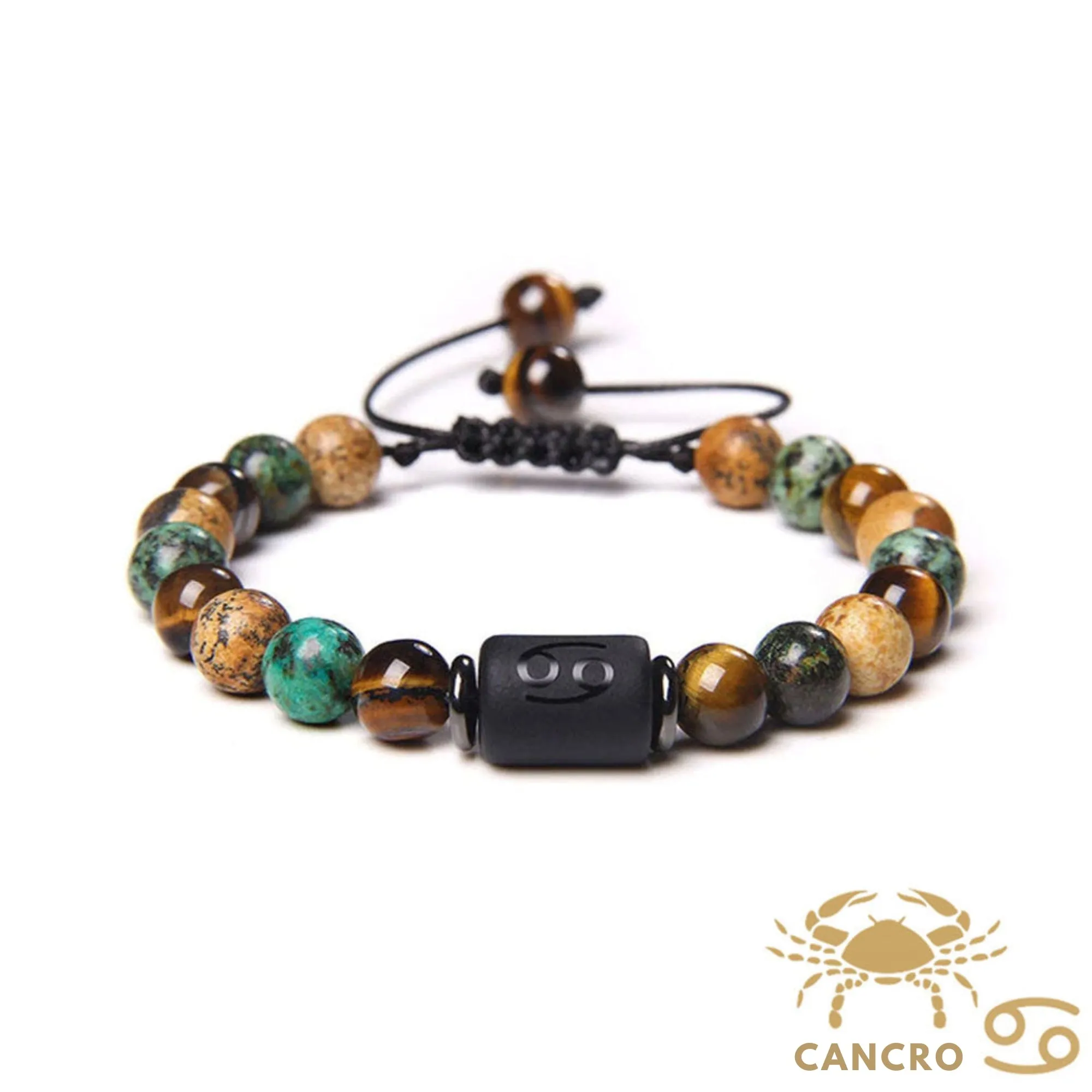 Bracciale Cancro – Occhio di tigre, turchese, diaspro – Cordoncino reg