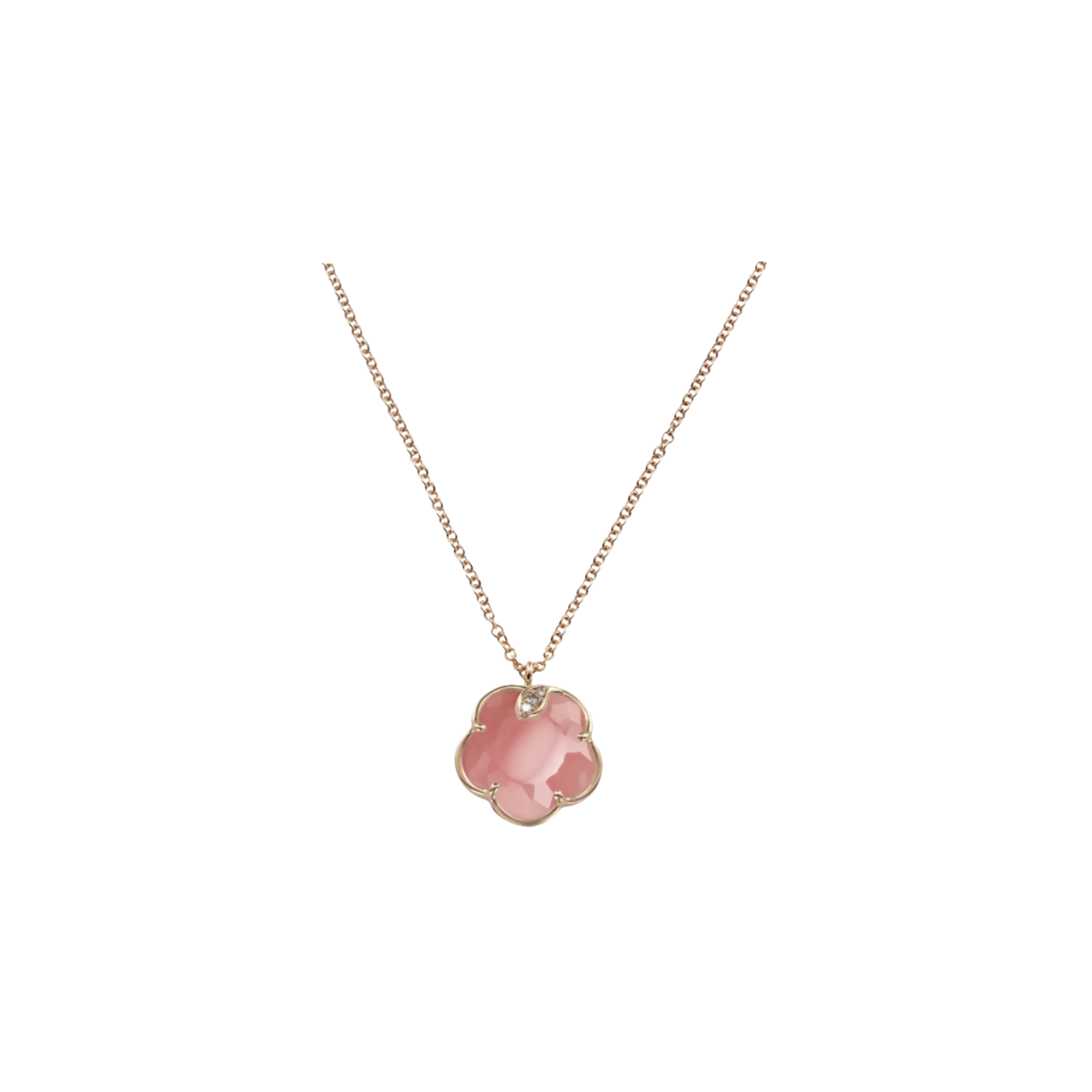COLLANA PETIT JOLI IN ORO ROSA CON FIORE IN CALCEDONIO ROSA, DIAMANTI BIANCHI E CHAMPAGNE - 16139R - 16139R