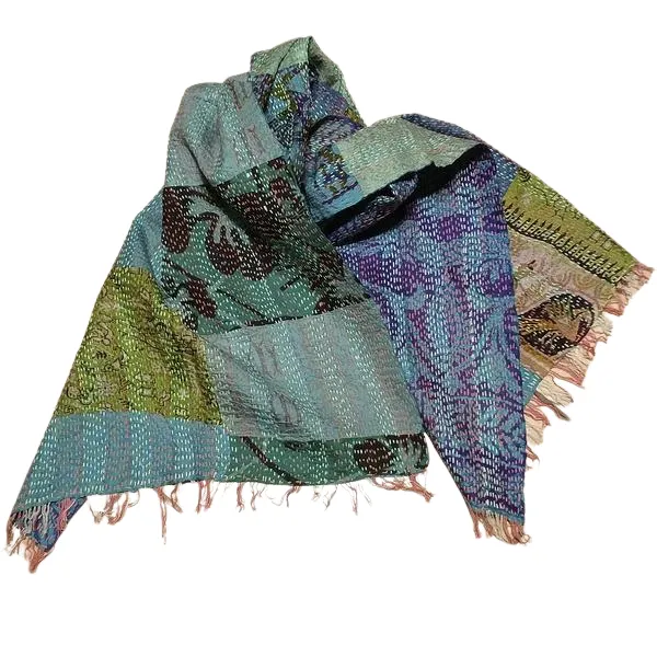 Sciarpa KANTHA con tessuti vintage misto seta ricamo a mano blu - patchwork