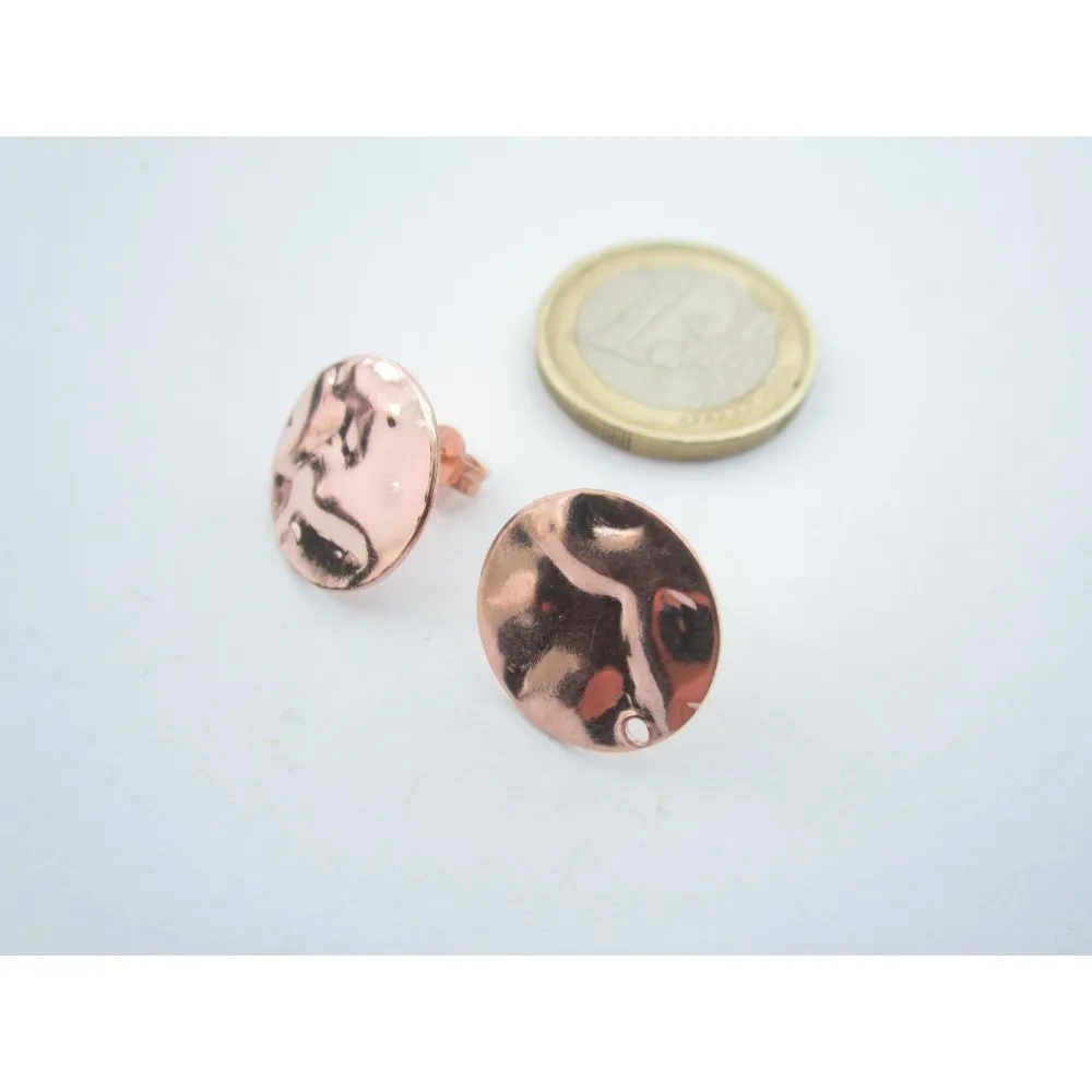 2 Basi Orecchini Tondino 16 Mm Martellato E Stropicciato Argento 925 Plac. Oro R