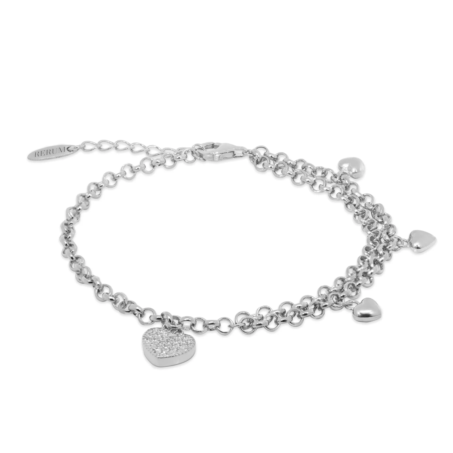 Bracciale Donna Rerum in Argento Maglia Rolo' Asimmetrica con Cuori Pendenti