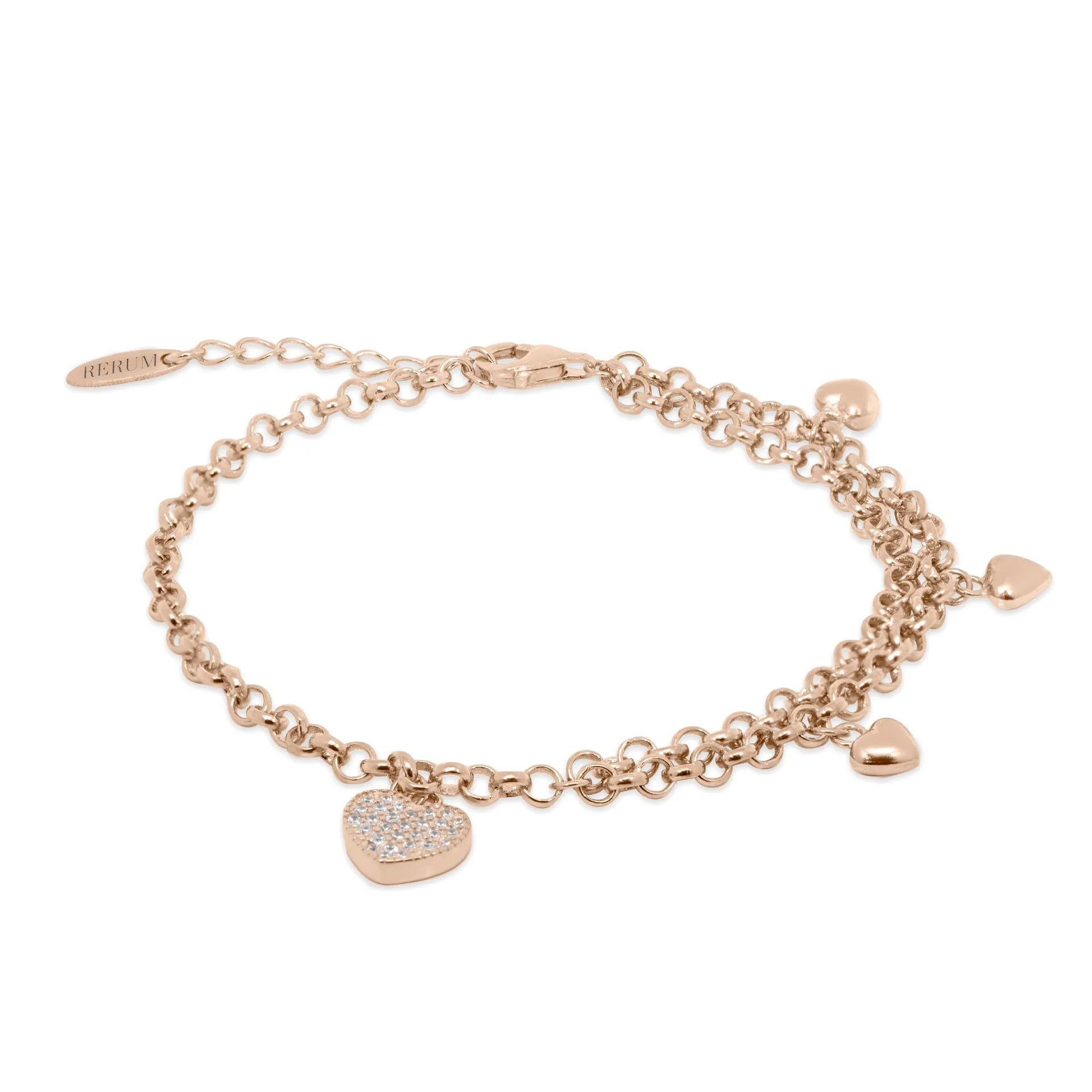 Bracciale Donna Rerum in Argento Rosè Maglia Rolo' Asimmetrica con Cuori Pendenti