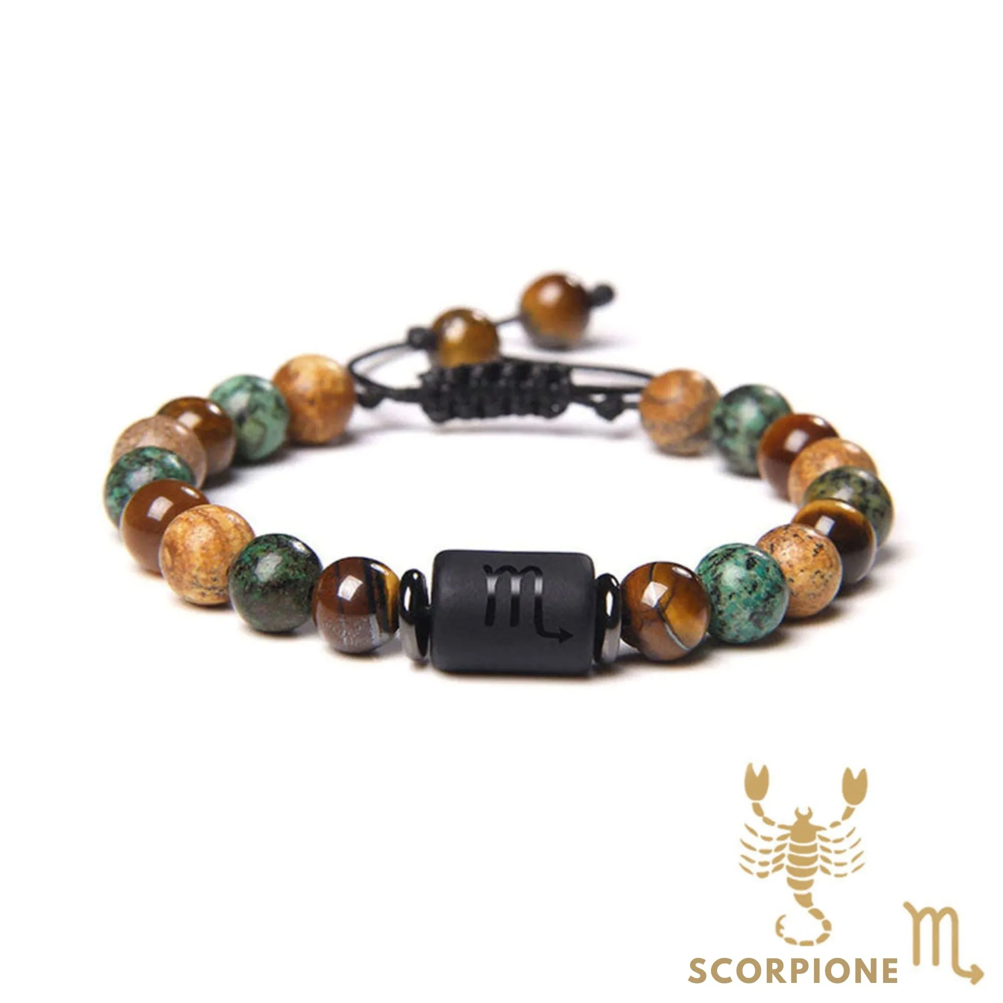 Bracciale Scorpione – Occhio di tigre, turchese, diaspro – Cordoncino