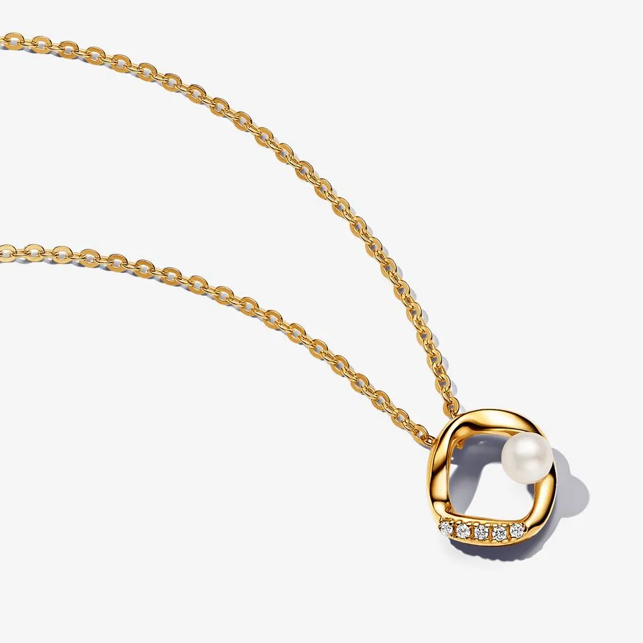 Collana Pandora con Cerchio in Pavè Dalla Forma Organica e Perle Coltivate D'acqua Dolce Trattate