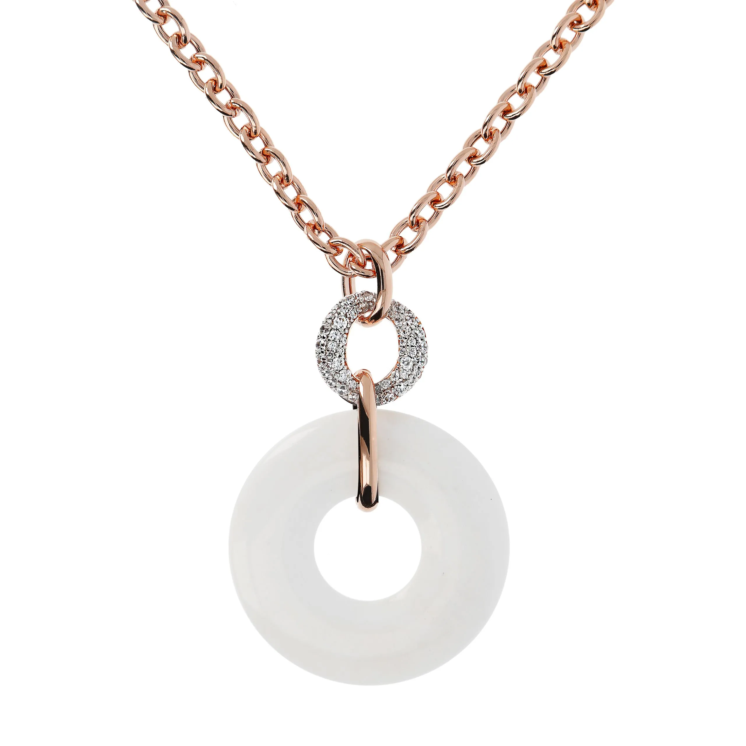 Collana Donna Bronzallure Catena Rolò con Pendente Doppio Cerchio in Pietra Naturale e Cubic Zirconia