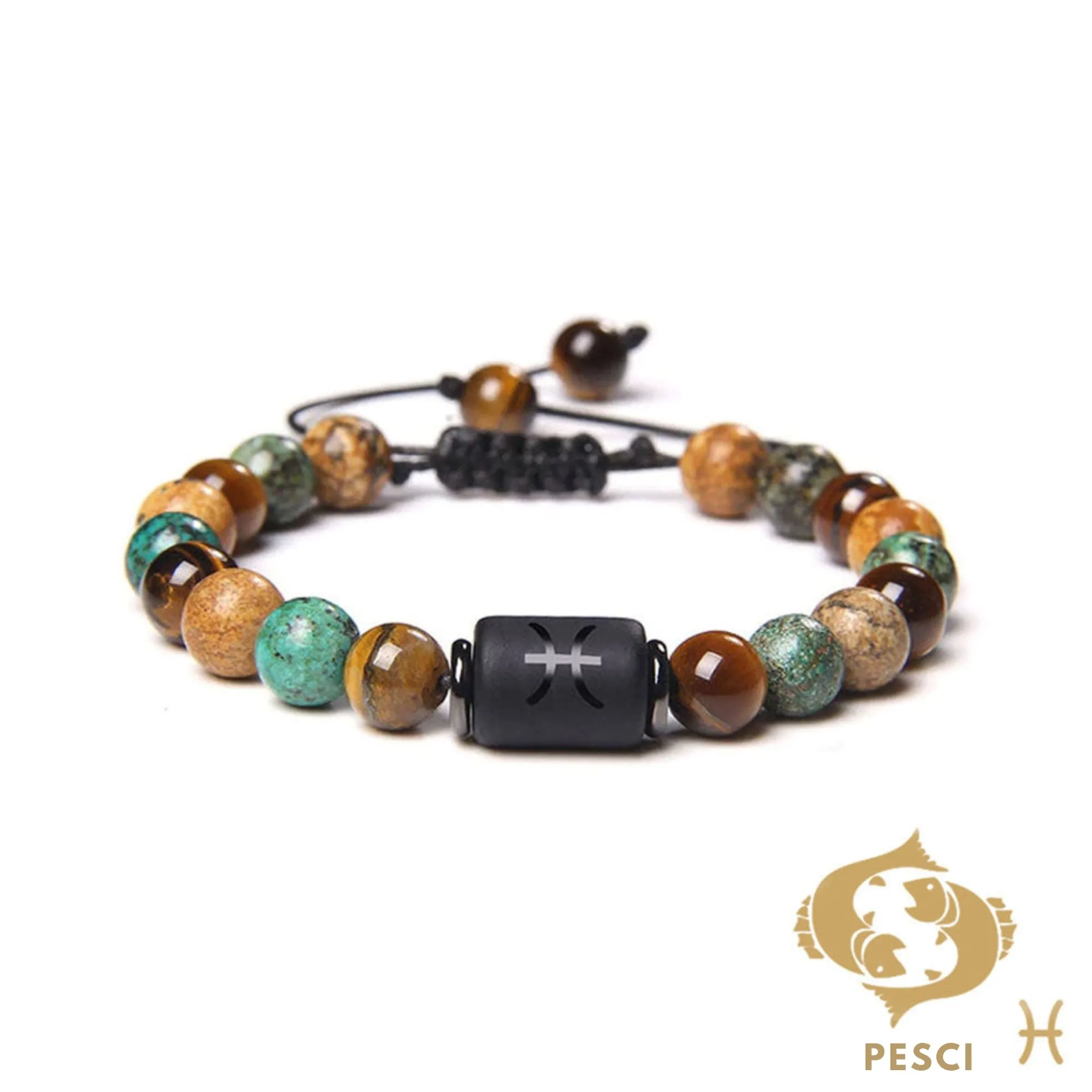 Bracciale Pesci – Occhio di tigre, turchese, diaspro – Cordoncino rego