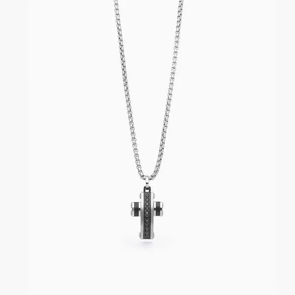 Collana 2Jewels uomo Croce bicolore e cristalli neri