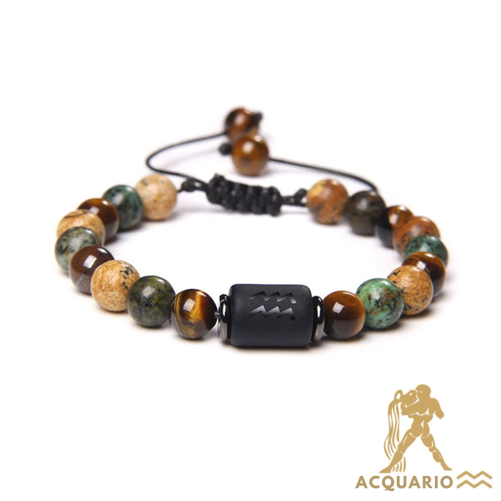 Bracciale Acquario – Occhio di tigre, turchese, diaspro – Cordone rego