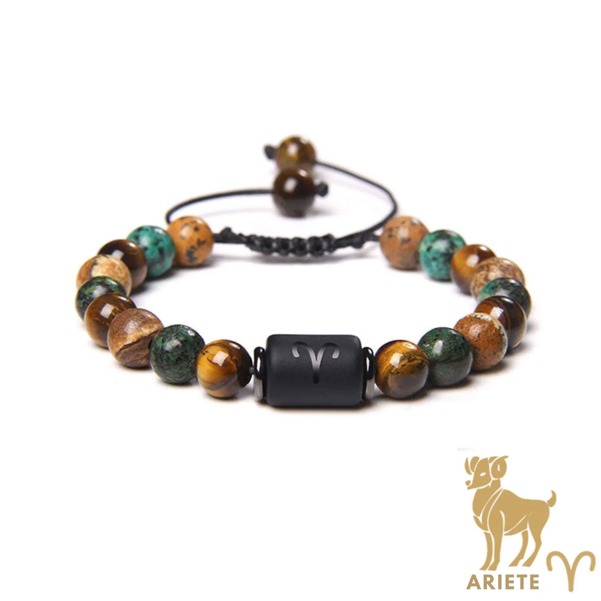 Bracciale Ariete – Occhio di Tigre, Turchese, Diaspro – Cordoncino reg