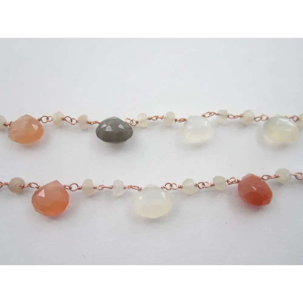 50 cm catena rosario argento 925 rosè e gocce taglio briolè  adularia pietra di luna