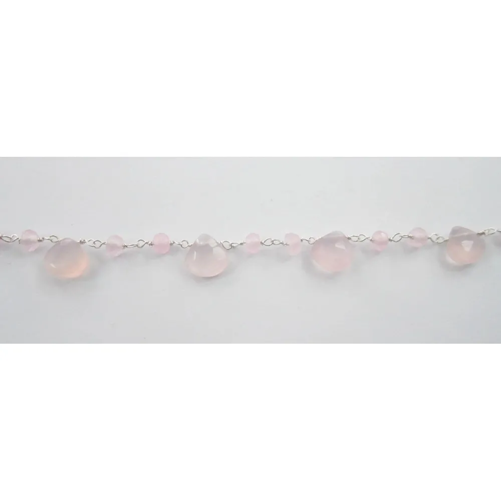 10 cm catena rosario quarzo rosa  argento 925 con gocce taglio briolè