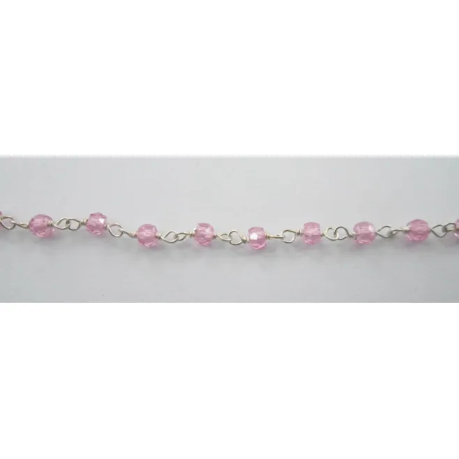 50 cm catena concatenata tipo rosario in argento 925  e zirconi rosa cipria di 3 x 2,5 mm