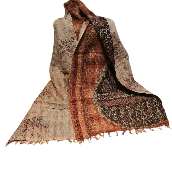 Sciarpa KANTHA con tessuti vintage misto seta ricamo a mano bronzo - grigio