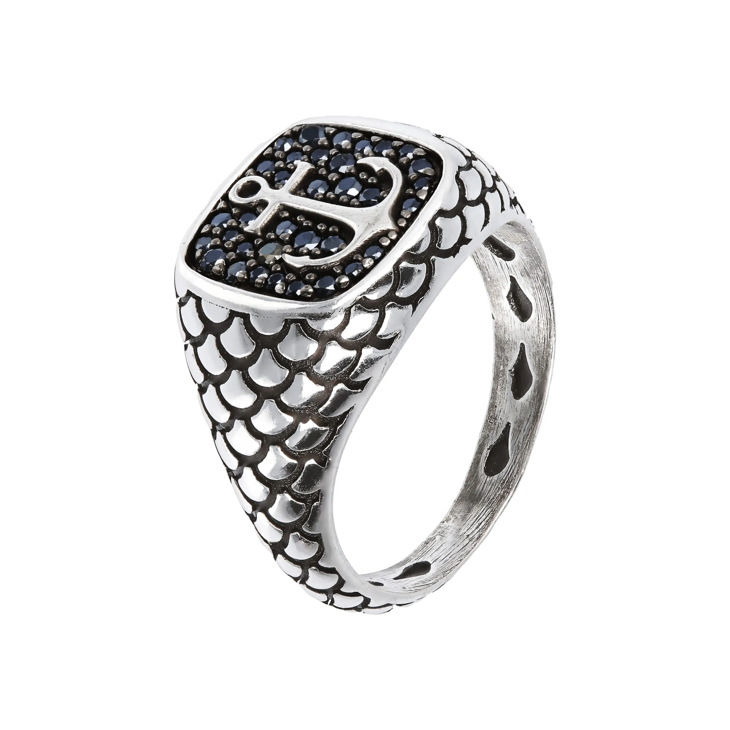 Anello Uomo Albert Chevalier Texture Sirena con Pavè in Spinello Nero e Simbolo