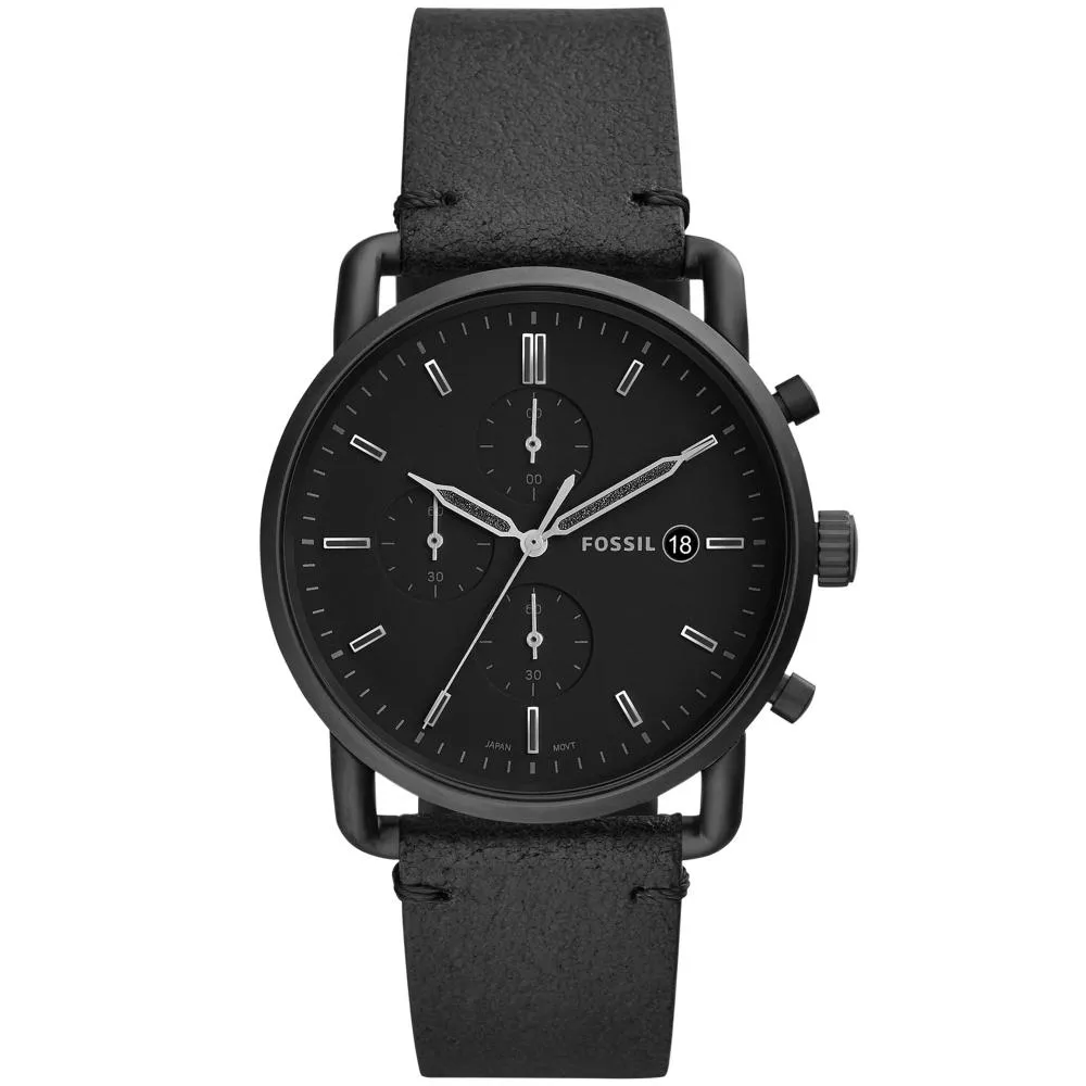 Orologio Uomo FOSSIL COMMUTER FS5504 Chrono Vera Pelle Nero NEW