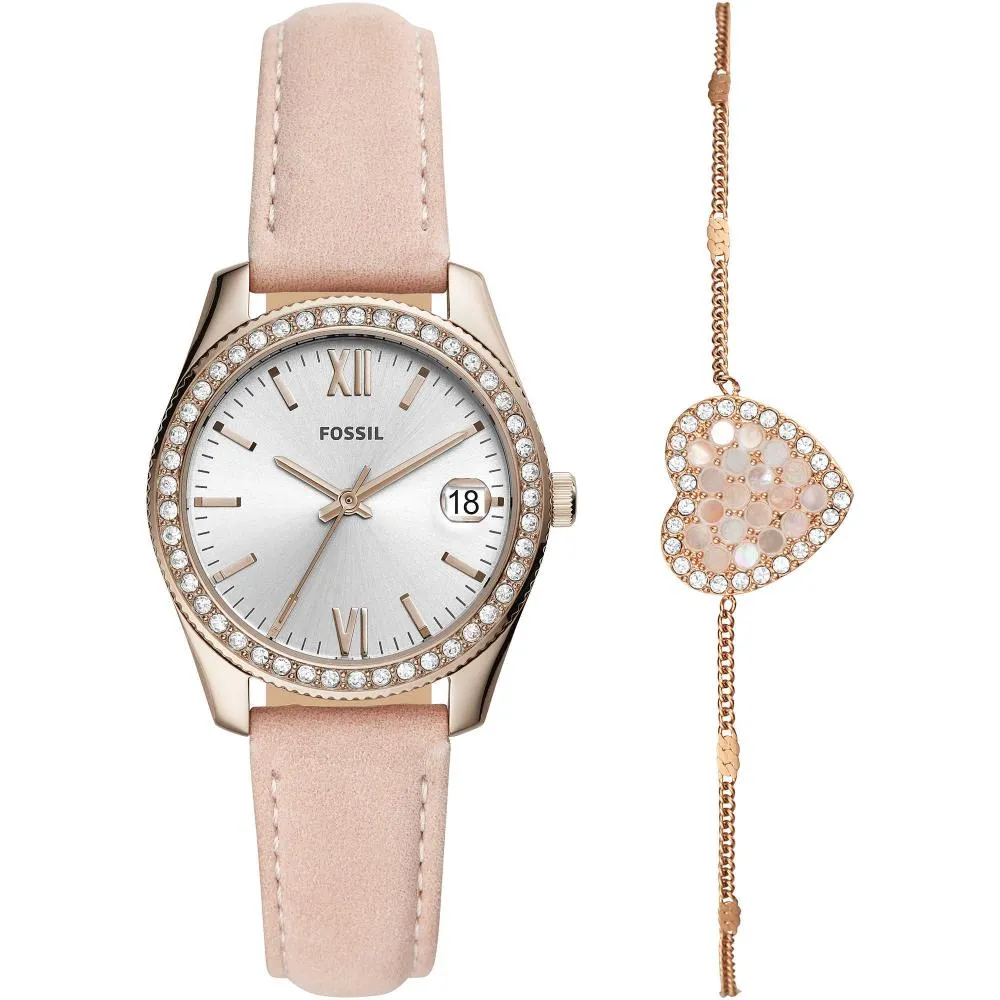 Orologio + Bracciale Donna FOSSIL SCARLETTE ES4607SET Pelle Rosa Rosè BOX