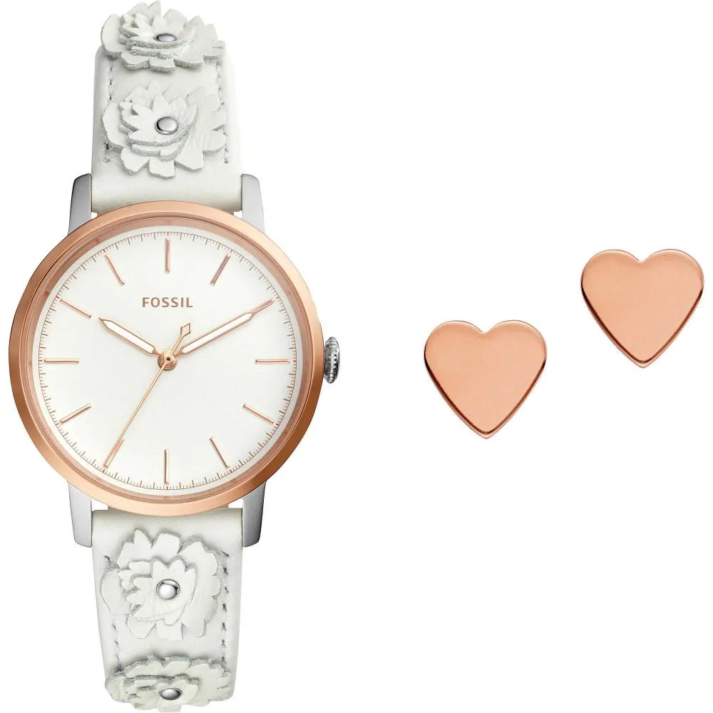 Orologio + Orecchini Donna FOSSIL NEELY ES4383SET Pelle Bianco Rosè Cuore BOX