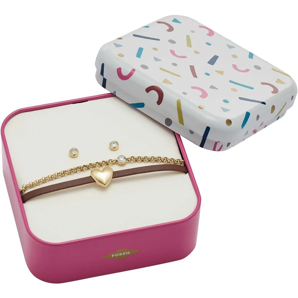 Bracciale + Orecchini Donna FOSSIL MOTIFS JF03050710 Acciaio Gold Pelle Marrone