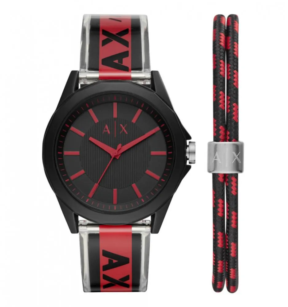 Orologio + Bracciale Uomo ARMANI EXCHANGE DREXLER AX7113 Silicone Nero Rosso