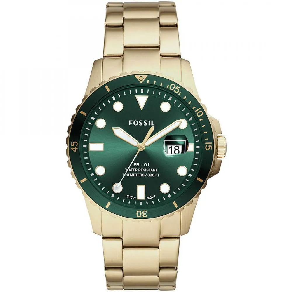 Orologio Uomo FOSSIL FB-01 FS5658 Bracciale Acciaio Gold Dorato Verde Vintage