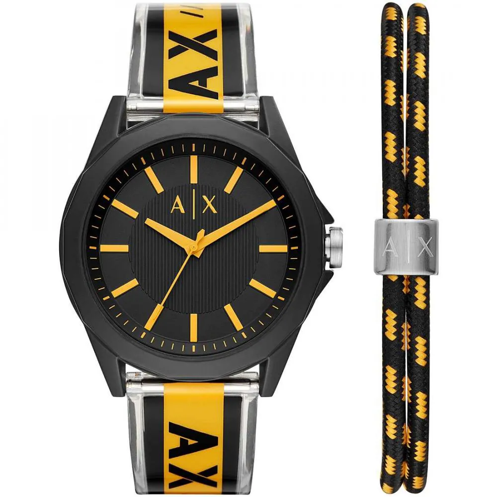 Orologio + Bracciale Uomo ARMANI EXCHANGE DREXLER AX7114 Silicone Nero Giallo