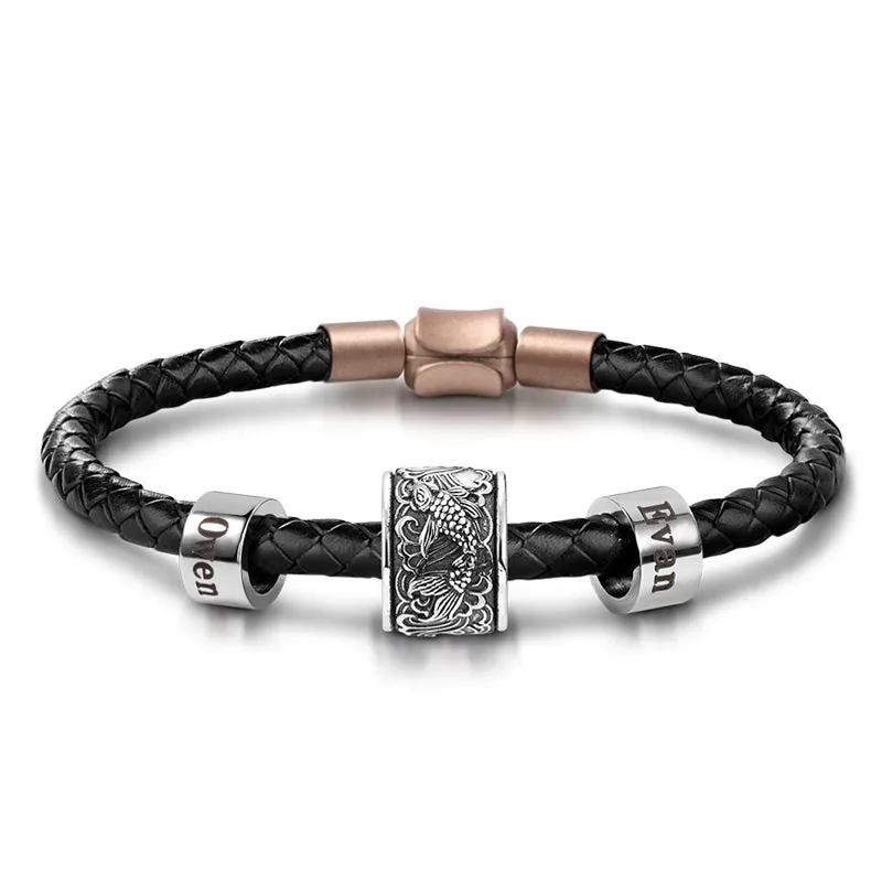 Charm Koi Fish & Due Charm Personalizzi in Argento S925 con Bracciale di Pelle per Uomo