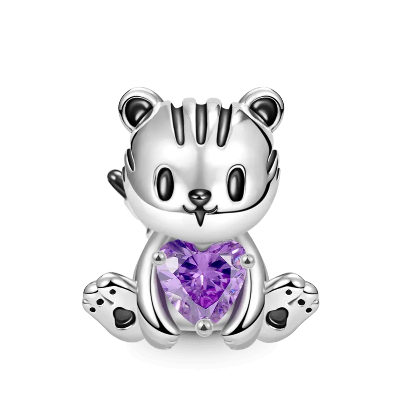 Charm Tigre Abbraccia la Pietra Cuore in Argento S925