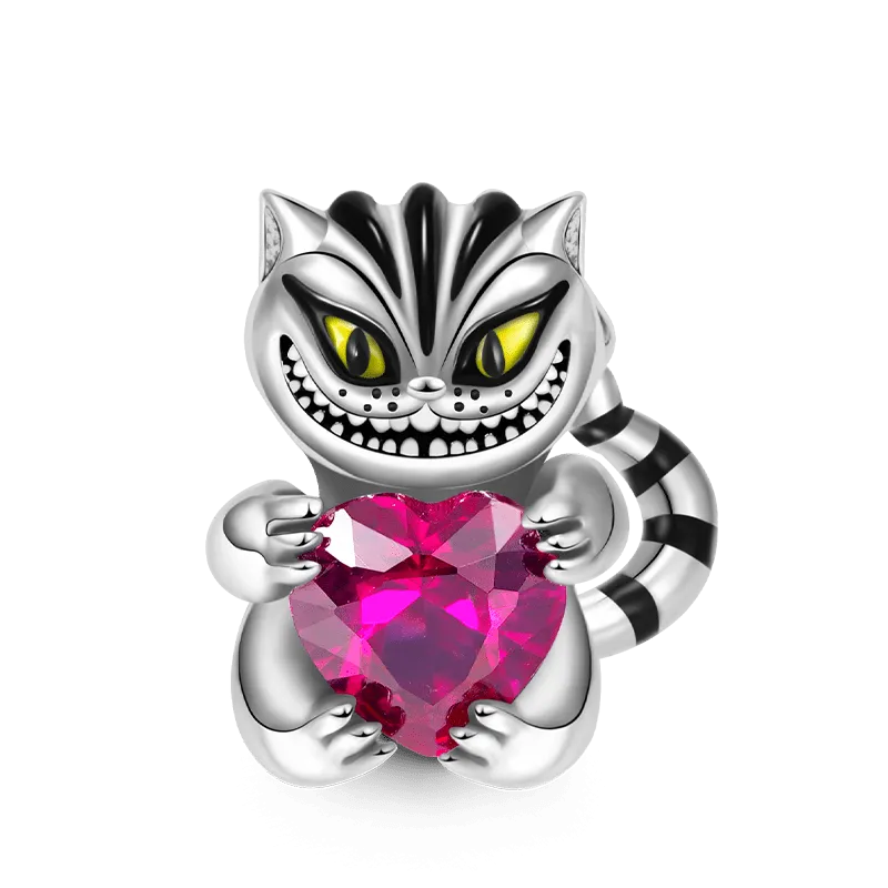 Charm Gatto Di Fiaba Abbraccia la Pietra Cuore in Argento S925