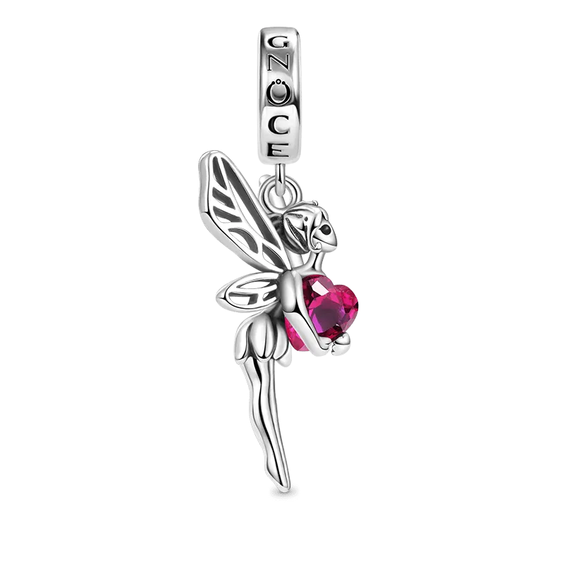 Charm Fata Farfalla Abbraccia la Pietra Cuore in Argento S925
