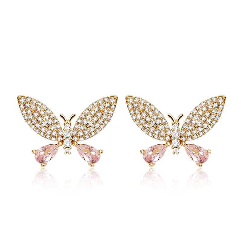 Orecchini A Labo Farfalla In Argento 925 Placcato Oro 18K Con Pietre Preziose Rosa