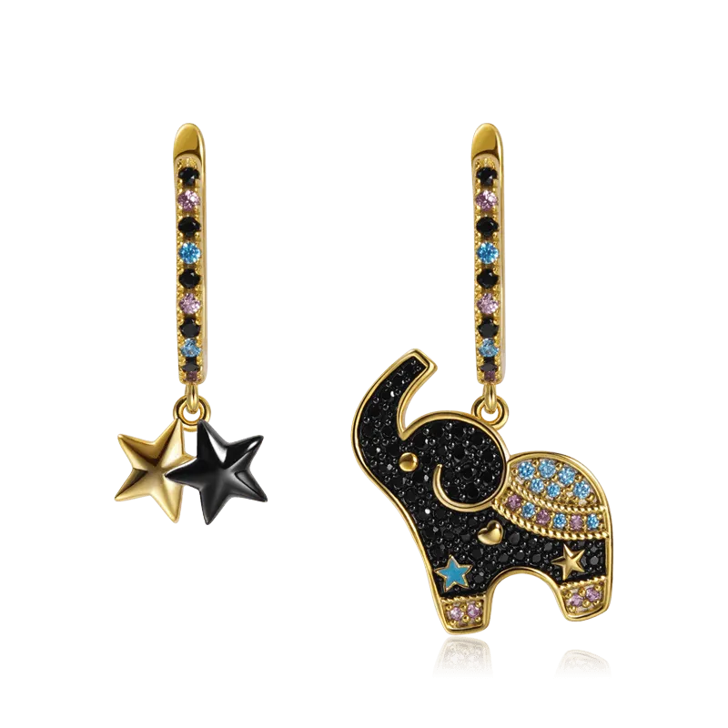 Orecchini Asimmetrici Elefante e Stella Scintillante
