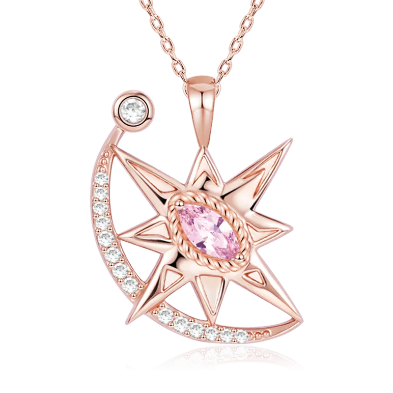 Collana Stella A Otto Punte E Luna In Ottone Placcato Oro Rosa 18K Con Pietre Preziose Rosa E Trasparenti
