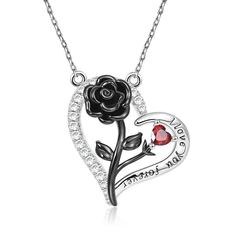 Collana Rosa Nera In Argento Sterling 925 Con Incisioni "I Love You Forever" E Pietre Preziose Trasparenti