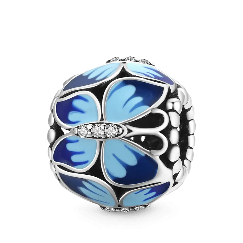 Charm Farfalla Blu In Argento Sterling 925 Con Smalti Blu Sfumato E Pietre Preziose Trasparenti
