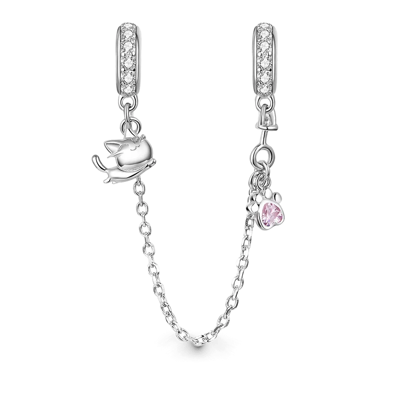 Gnoce Catenina di Sicurezza Gatto e Zampa In Argento Sterling 925