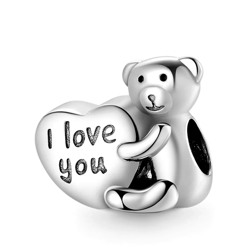 Charm Orso D'Amore In Argento Sterling 925 Con Incisione "I Love You"
