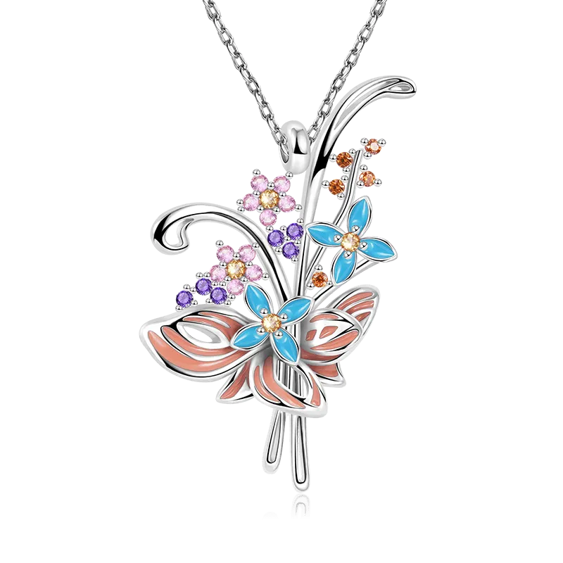 Collana Mazzo Di Fiori In Argento Sterling Con Smalti Colorati E Pietre Cz