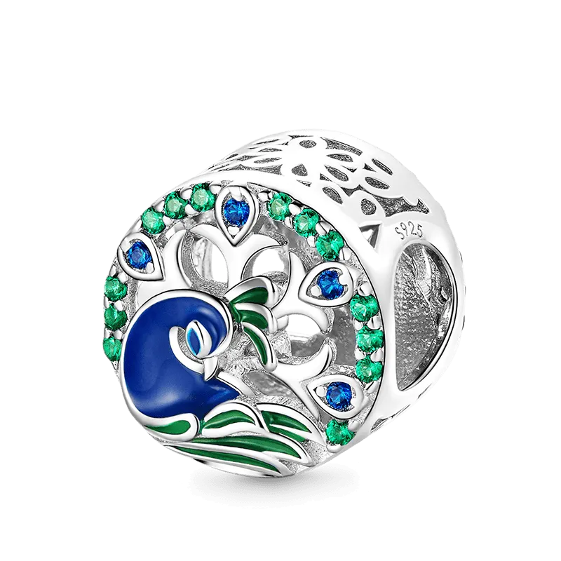 Charm Pavone in Argento Sterling con smalti verdi e blu e pietre CZ